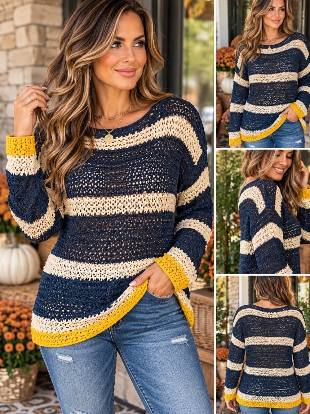 Zara Knit M Navy Cream Mustard Crochet Open Knit Striped Sweater NWOT